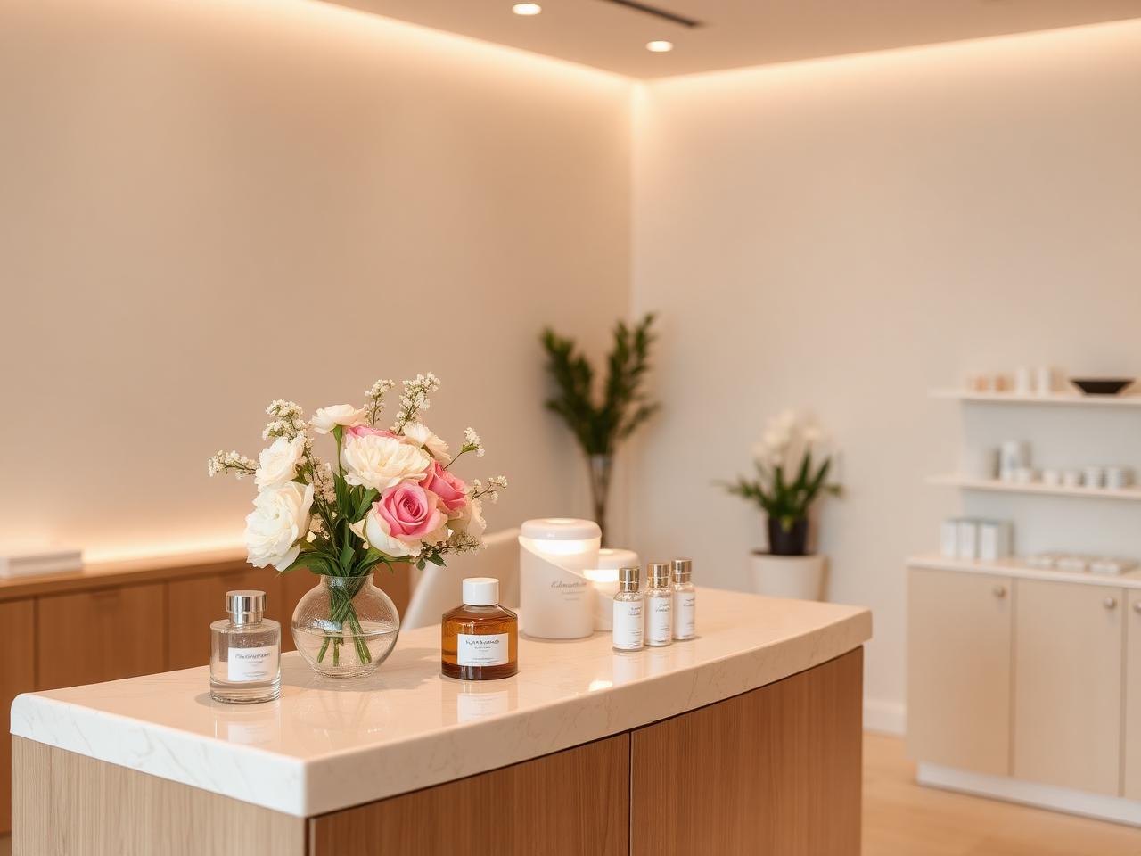 Reception at The Beauty Concept with flowers and skincare products